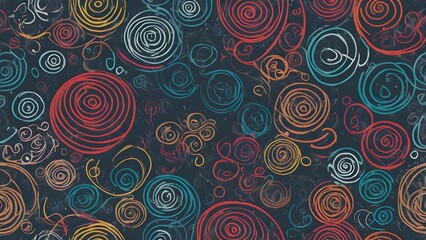 Fototapeta premium Vibrant Hand-Drawn Spiral Pattern. Colorful Abstract Circles and Swirls on Dark Background. Artistic Concentric Shapes Texture.