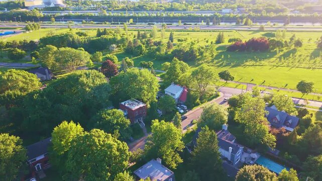 Longueuil, Canada - June 14 2026: 4K aerial drone view of the St. Lawrence River near Longueuil, capturing sweeping waterways, lush shorelines, and the scenic beauty of southern Qu&eacute;bec