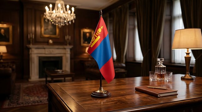 Mongolian flag on a luxurious wooden desk in a formal executive office, symbolizing diplomacy and business.