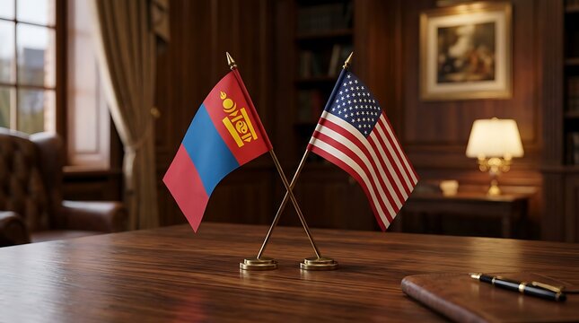 Mongolia and USA flags crossed on a diplomatic desk, symbolizing alliance and international relations