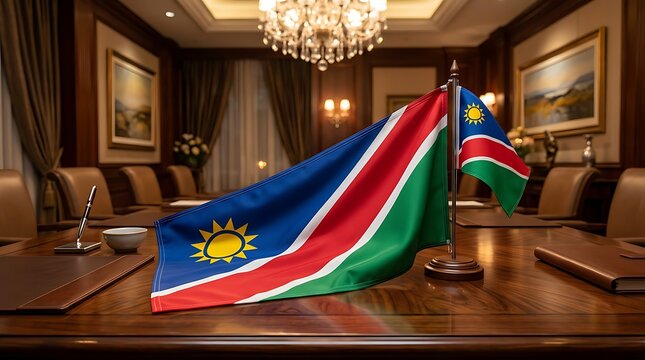 Namibia Flag Displayed on a Polished Conference Table in an Elegant Boardroom Setting
