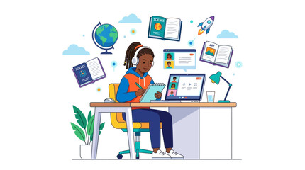 Fototapeta premium Online Education Concept with Black Girl Student E-learning on Laptop at Desk, Diverse School Subjects Icons, Distance Learning Vector Illustration