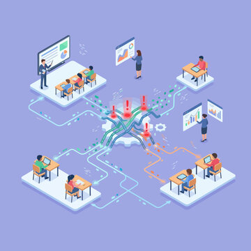 Isometric vector of students experiencing online network errors