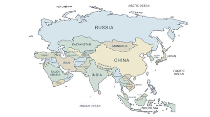 Fototapeta premium Asia map with country borders and ocean labels