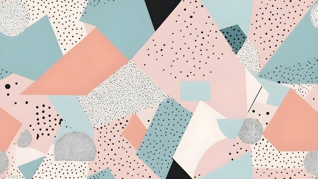 Abstract Geometric Pattern with Pastel Pink and Blue Triangles, Shapes, and Dotted Textures - Modern Seamless Background