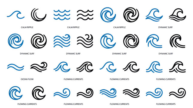 Ocean Wave Icons Set: Sea, Surf, Flow, Dynamic Symbols