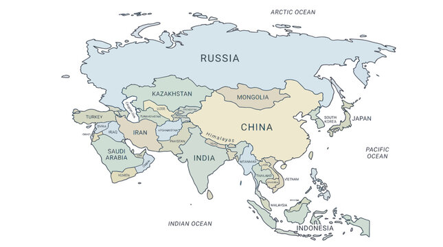 Asia map with country borders and ocean labels