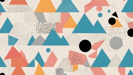 Fototapeta premium Modern Abstract Geometric Seamless Pattern Background with Colorful Triangles, Circles, and Speckled Textures