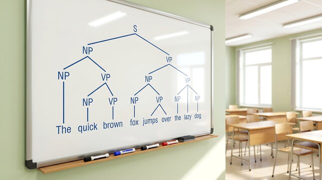 Empty University Classroom with Large Whiteboard Showing Linguistic Syntax Tree Diagram Sentence Structure Analysis for Language Linguistics Education Academic Research and Editorial Use