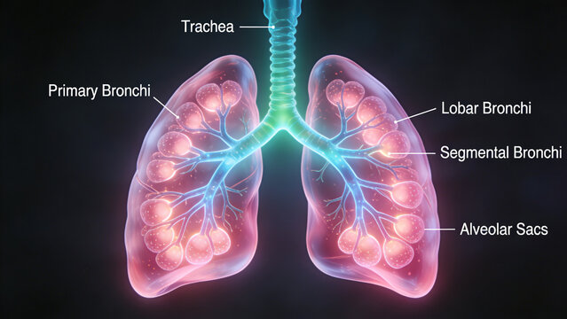 Detailed 3D illustration of human lungs with labeled bronchi and trachea anatomy