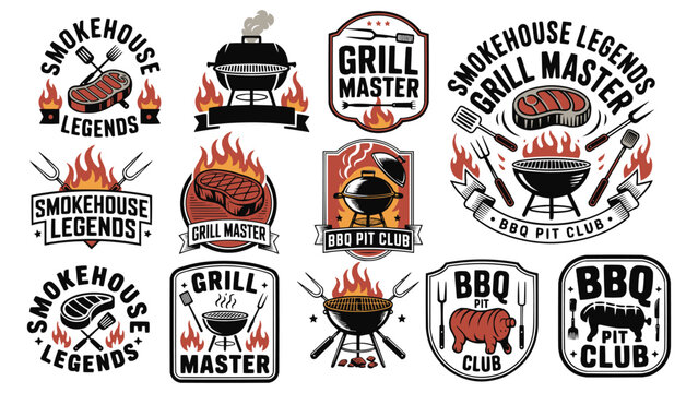 Vintage barbecue grill master badge collection with bold rustic typography