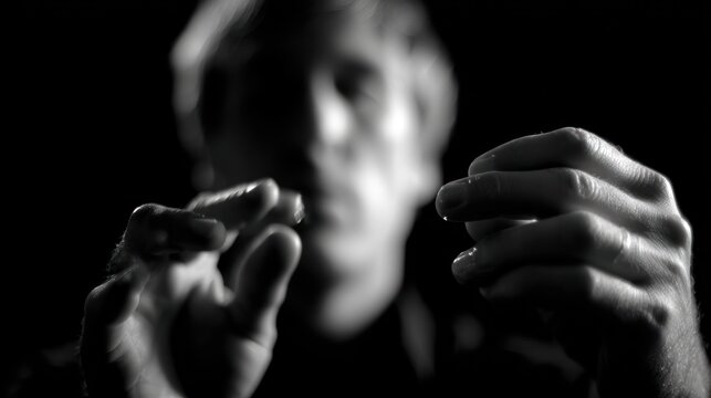 Close up of human hands with selective focus in black and white