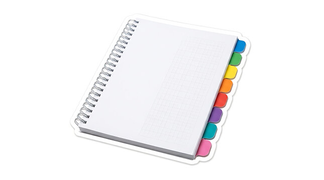 Spiral notebook with colorful index tabs and grid paper pages