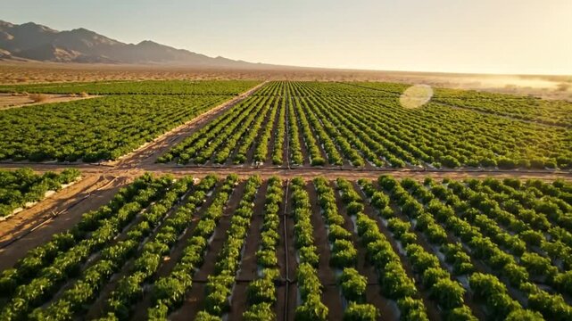 Drone footage of a vast agricultural field with neat rows of green crops and irrigation systems under a sunny sky
