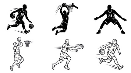 Basketball Players Silhouette Set: Dribbling, Dunking, Shooting, Passing © Mangga