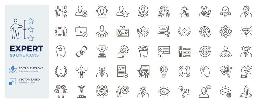 Expert icons. Skills, qualifications, certification and professional expertise thin line icon set. Editable stroke vector illustrations.