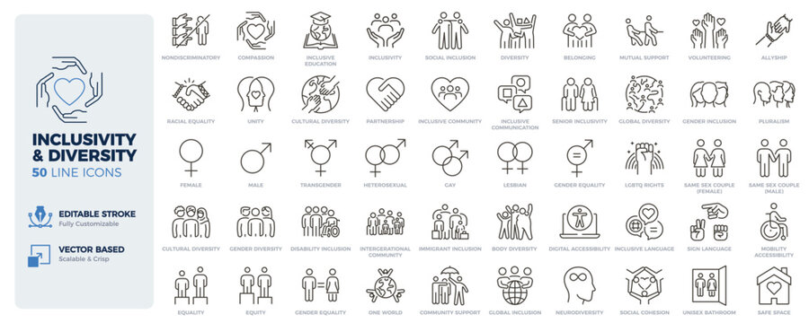 Inclusivity and diversity icons. Equality, accessibility, LGBTQ and social inclusion thin line icon set. Editable stroke vector illustrations.