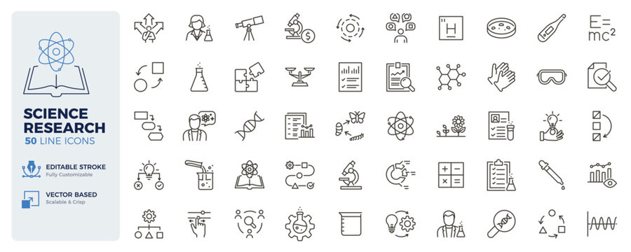 Science research icons. Laboratory, scientific discovery and innovation thin line icon set. Editable stroke vector illustrations.