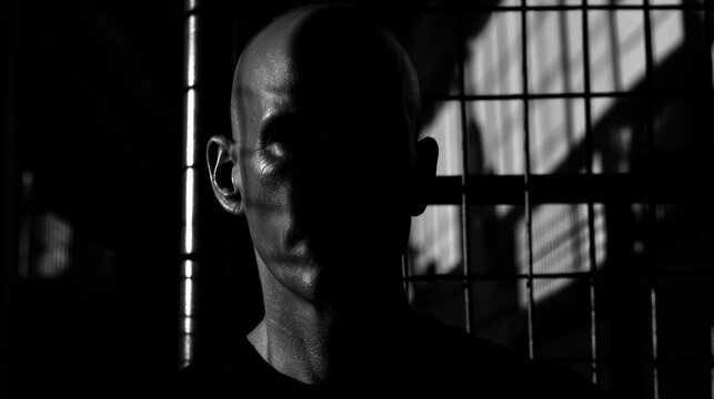 Dramatic portrait of a man with strong shadows and a steel cage background