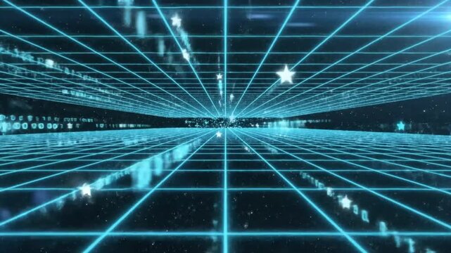 Futuristic grid and binary code animation moving through a digital space filled with stars for technology concepts