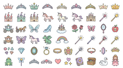 Princess fairy tale icon set with magic crowns and unicorns © Mangga