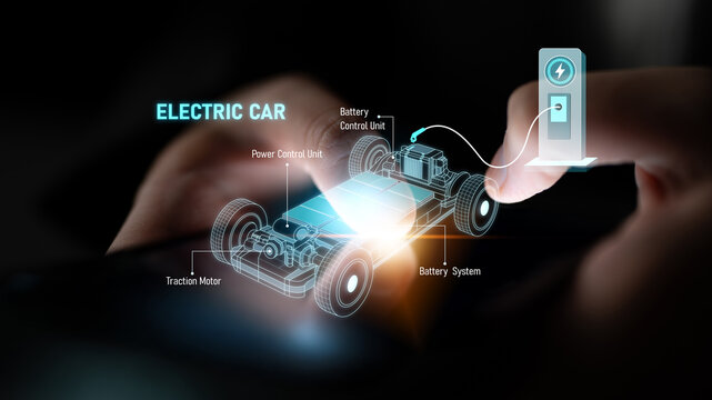 Structure of electric car showing battery system, traction motor, control units, and charging station for understanding EV functionality and energy flow Latch