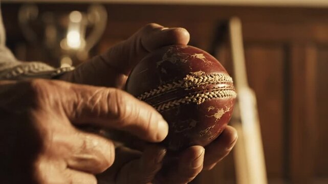 Close-up of old man's weathered hands holding a worn cricket ball, reminiscing of the past