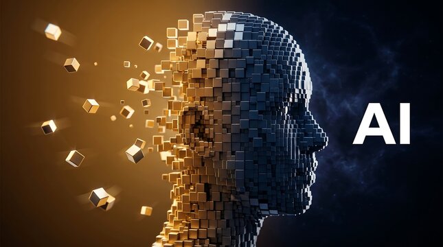 Photorealistic 3D CGI Render of Digital AI Human Head Made of Gold and Dark Metallic Pixel Cubes Disintegrating with AI Text Label on Dark Blue Background for Artificial Intelligence Technology Concep