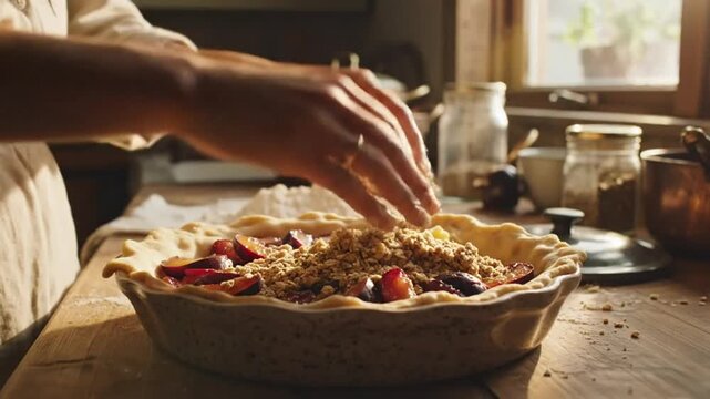 Close-up of a baker adding crumb topping to a pie filled with fresh plums in a rustic kitchen