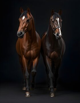 Two beautiful brown horses studio portrait on black background