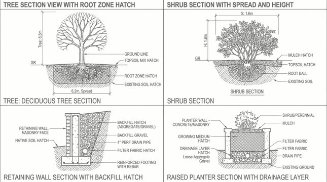 Landscape architecture construction details for trees shrubs retaining walls and planters.