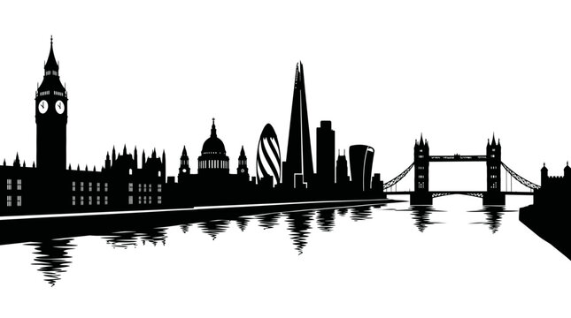 London city skyline silhouette with reflection on the river.