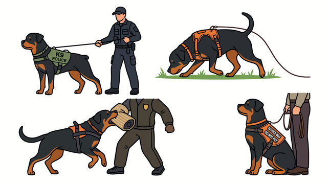 Police K9 Rottweiler Dogs with Handlers in Various Situations.