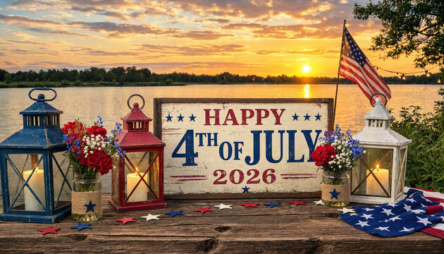 Beautiful 4th of July 2026 lakeside landscape with patriotic theme