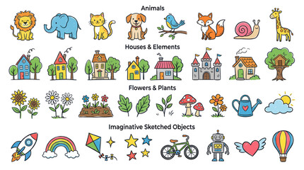 Colorful hand drawn doodle icons of animals houses plants and objects © Herukloro