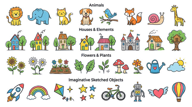Colorful hand drawn doodle icons of animals houses plants and objects