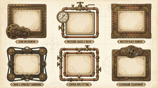 Set of six decorative steampunk style picture frames with vintage mechanical elements.