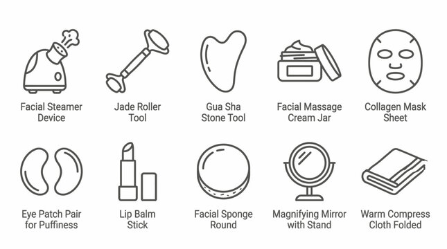 Set of ten essential skincare and beauty routine icons.