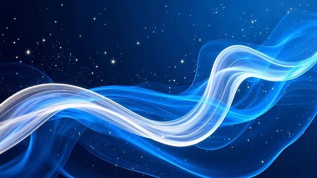 Blue and white flowing light waves in space