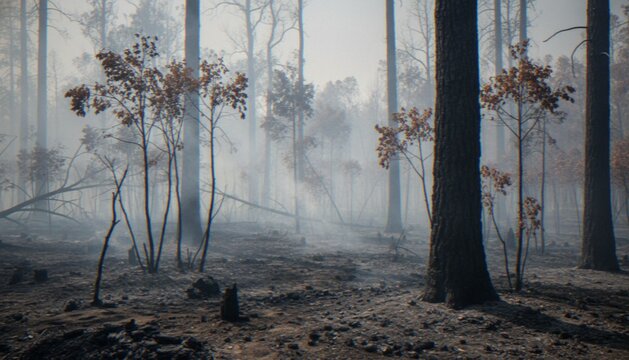 A desolate forest landscape showing the aftermath of a wildfire, with scorched trees, charred earth, and thick, lingering smoke filling the air.