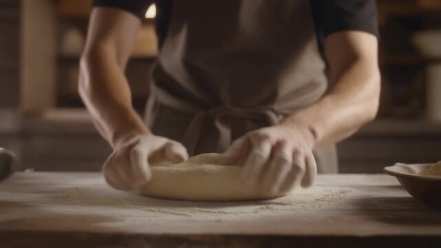 Close up of a baker kneading dough on a floured wooden table in slow motion