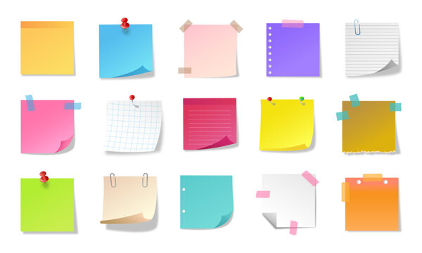 Collection of colorful sticky note reminder. Post it note paper vector illustration. Paper sheets taped with masking tapes.