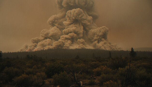 A massive plume of smoke rises from a wildfire engulfing a dense pine forest, casting a gloomy and hazy atmosphere over the wilderness landscape.
