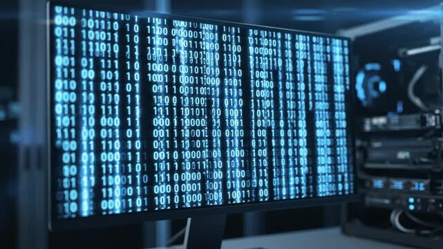 Computer monitor displays binary code with flickering blue light in a dark computer room showing coding and data