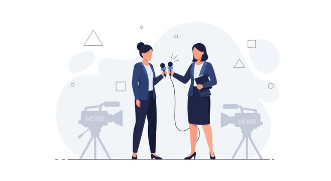 Two female reporters interviewing with microphones and news cameras ready, vector illustration