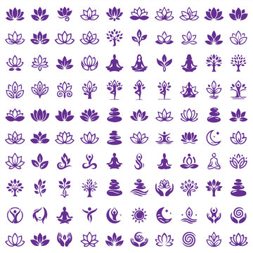 Zen and yoga meditation wellness vector icon collection with meditation