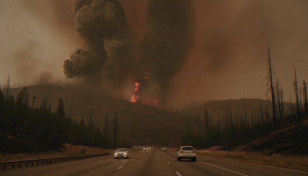 A dramatic shot of cars driving on a highway toward a massive wildfire burning on a hillside with thick smoke billowing into the sky.