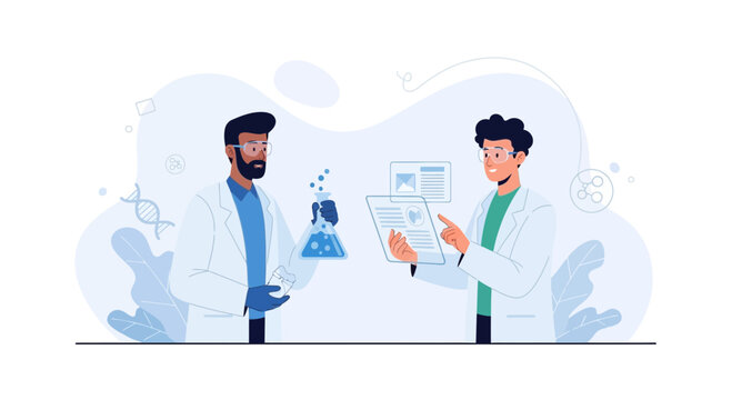 Two scientists in lab coats collaborating on research, one holding a flask with liquid, the other using a tablet