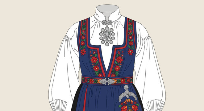 Traditional Norwegian Folk Costume Bunad Illustration