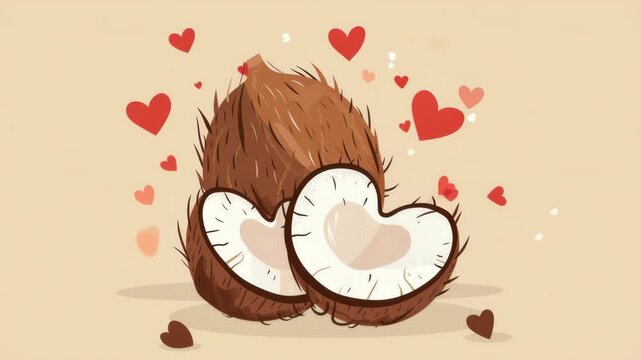 Coconut illustration with floating hearts